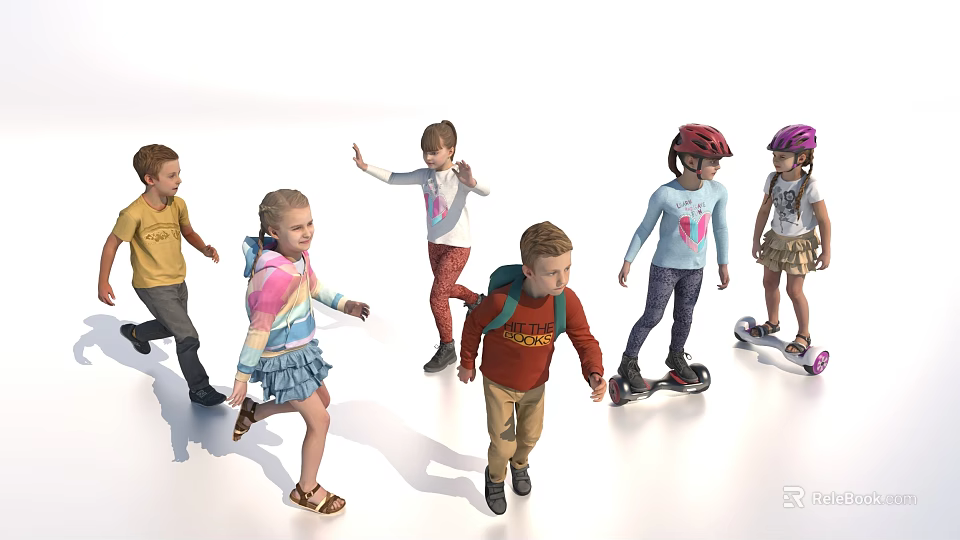 Group of Children Playing Running Riding Scooters and Waving in Various Outfits 3d model 