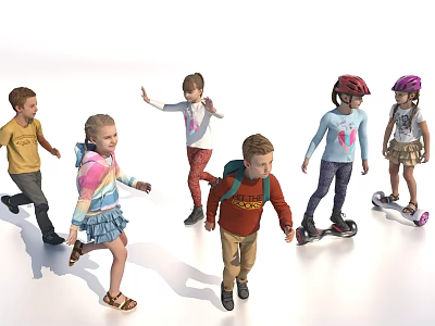 Group of Children Playing Running Riding Scooters and Waving in Various Outfits 3d model