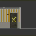 Furniture Cabinet With Yellow Stripes Brown Door Yellow X Mark Blue Base And Gray Top