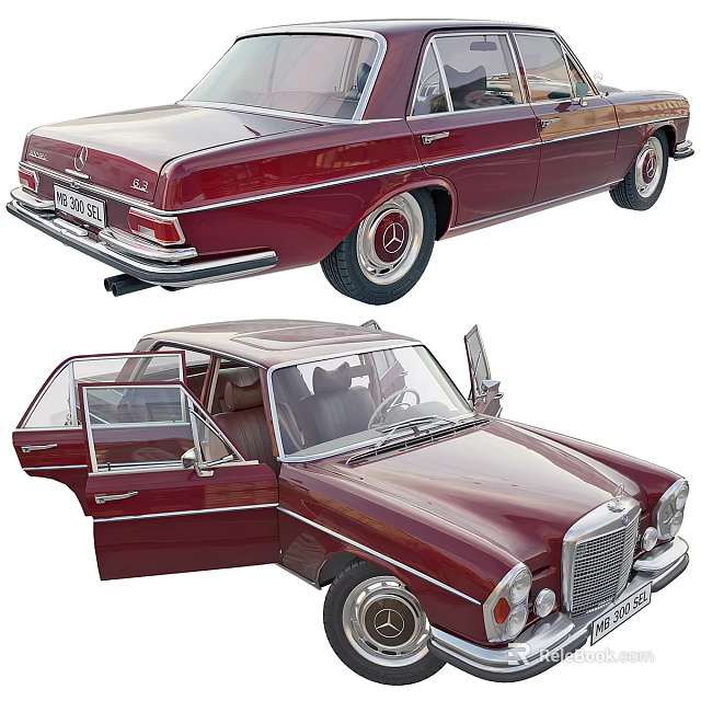 Burgundy Vintage Mercedes Benz Car With Open Doors 3d model 