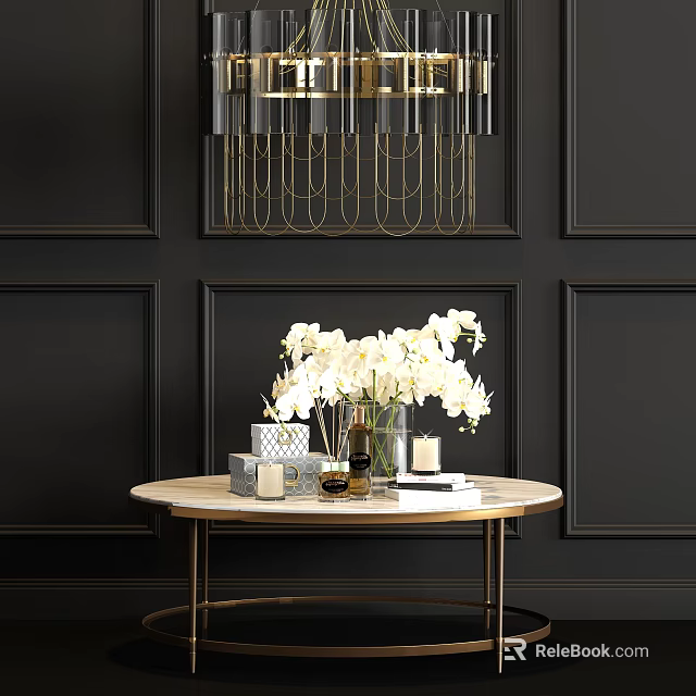 Modern Chandelier Hanging Over Round Table With White Orchids And Decorative Items On Black Wall 3d model 