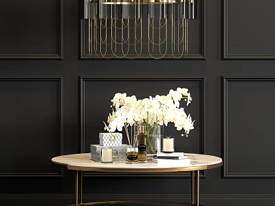 Modern Chandelier Hanging Over Round Table With White Orchids And Decorative Items On Black Wall 3d model