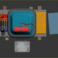 Colorful Industrial Equipment With Blue Yellow Body Red Top Fan Drawer And Pallet Base