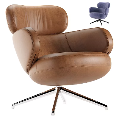 Brown Leather Modern Armchair With Swivel Base And Metal Frame Design 3d model