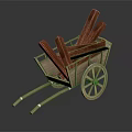 Wooden Wheelbarrow Loaded With Stacked Firewood On Dark Background With Reflection