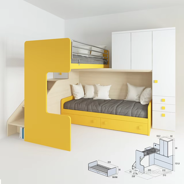 Modern Yellow Bunk Bed With Gray Mattress White Pillows Staircase And White Wardrobe 3d model 