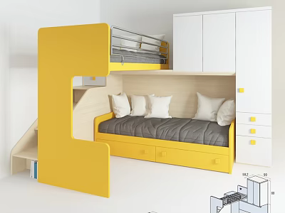 Modern Yellow Bunk Bed With Gray Mattress White Pillows Staircase And White Wardrobe 3d model