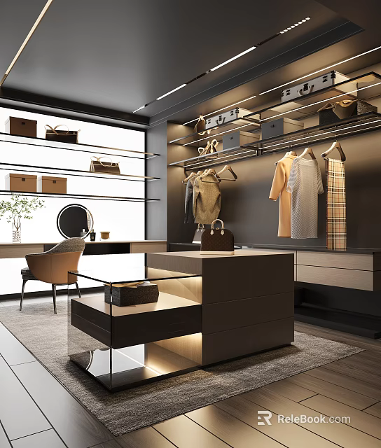 Elegant Modern Walk in Closet Design With Hanging Clothes Open Shelves Mirror And Chair 3d model 