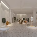 Modern Clothing Store Interior With White Hanging Racks Decorative Plants And Wooden Seats