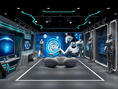 Futuristic Exhibition Space With Robots Digital Screens Blue Lighting And Circular Seats 3d model