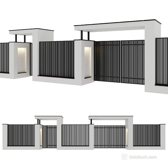 Modern Entrance Gate Design With Black Slatted Panels White Pillars And Integrated Lighting 3d model 