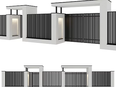Modern Entrance Gate Design With Black Slatted Panels White Pillars And Integrated Lighting 3d model
