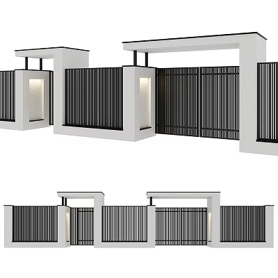 Modern Entrance Gate Design With Black Slatted Panels White Pillars And Integrated Lighting 3d model