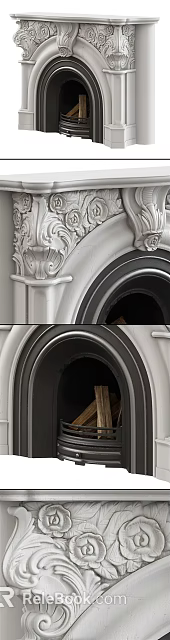 Classic Fireplace Featuring Ornate White Carved Frame and Arch Design Elements 3d model