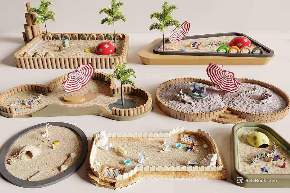 Fun Colorful Sandpit Play Equipment For Children With Playful Toys Umbrellas And Various Sandpits 3d model 