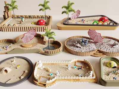 Fun Colorful Sandpit Play Equipment For Children With Playful Toys Umbrellas And Various Sandpits 3d model