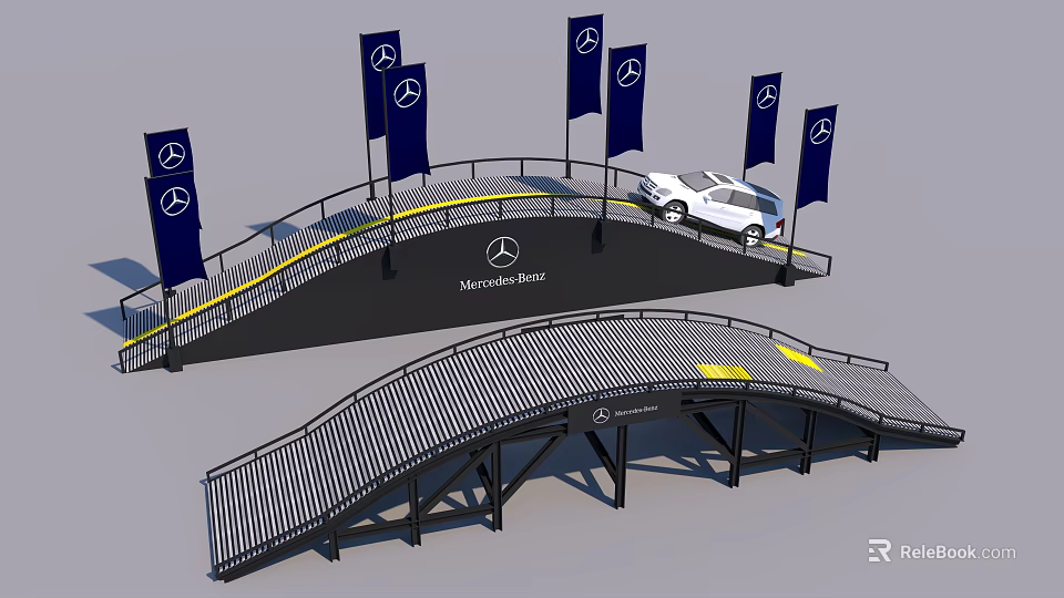Mercedes Benz Branded Bridge Scene With White Car And Blue Flags 3d model 