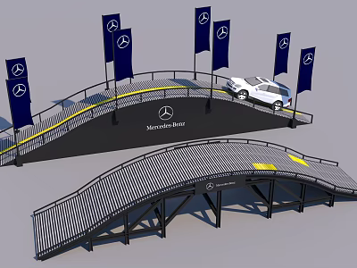Mercedes Benz Branded Bridge Scene With White Car And Blue Flags 3d model