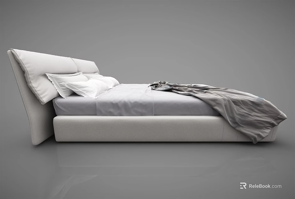 Modern Light Colored Double Bed With Upholstered Headboard White Pillows And Gray Blanket 3d model 