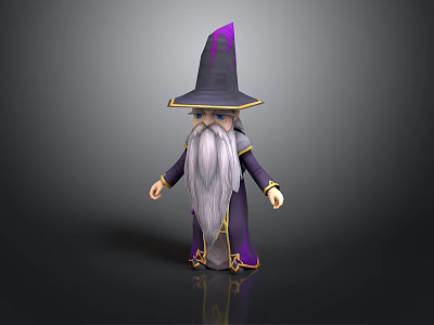 Cartoon Wizard Character With Purple Hat Long White Beard And Robe 3d model