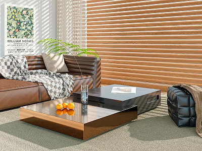 Modern Sofa Coffee Table Set With Brown Leather Upholstery Throw Pillows And Wooden Blinds 3d model