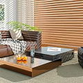 Modern Sofa Coffee Table Set With Brown Leather Upholstery Throw Pillows And Wooden Blinds