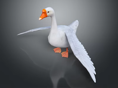 White Goose With Orange Beak And Feet Spread Wings On Black Reflective Surface 3d model