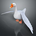 White Goose With Orange Beak And Feet Spread Wings On Black Reflective Surface