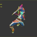 Cartoon Character In Blue White Orange Outfit With Cap Holding Weapon In Dynamic Jumping Pose