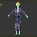 3D Model Woman In Blue Suit Standing With Outstretched Arms On Gray Background