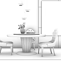 Round Dining Table Set With Beige Chairs Green Plant And Abstract Painting On Gray Wall