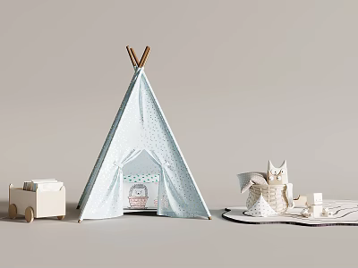 Light Blue Children's Teepee With Small Wooden Box And Stuffed Animal 3d model