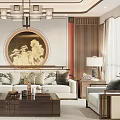 Traditional Chinese Living Room Interior With Beige Sofa Wooden Coffee Table And Circular Painting