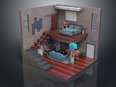 Cartoon Scenario of a Cozy Duplex Room with Stairs Bed Sofa TV and Wooden Floor 3d model