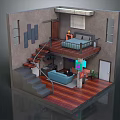 Cartoon Scenario of a Cozy Duplex Room with Stairs Bed Sofa TV and Wooden Floor