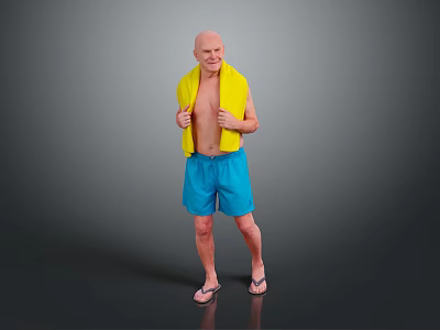 Elderly Man With Bald Head Wearing Yellow Towel Blue Shorts And Flip-Flops In Gray Background 3d model