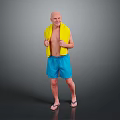 Elderly Man With Bald Head Wearing Yellow Towel Blue Shorts And Flip-Flops In Gray Background