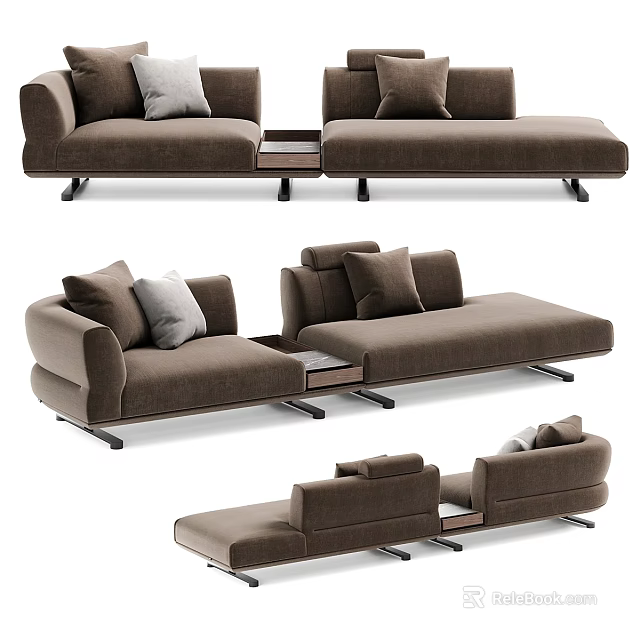 Modern Brown Fabric Sectional Sofa With Modular Design Metal Legs And Soft Pillows 3d model 