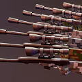 Multiple Assorted Camouflage Rifles Equipped With Scopes And Colorful Patterns