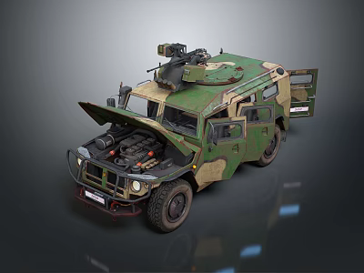 Camouflage Military Vehicle With Open Hood Exposed Engine And Roof Mounted Weapon 3d model