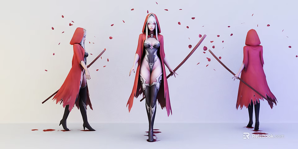 Game Movie Character In Red Cloak Black Bodysuit Holding Long Swords Surrounded By Red Petals 3d model 