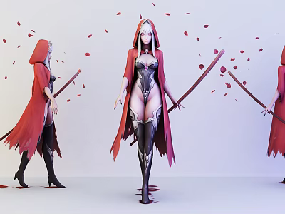 Game Movie Character In Red Cloak Black Bodysuit Holding Long Swords Surrounded By Red Petals 3d model