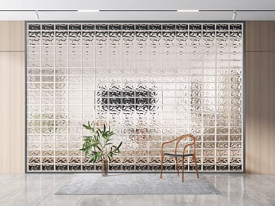 Glass Block Wall Design In Modern Interior With Wooden Chair And Potted Plant 3d model