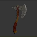 Decorative Axe With Intricate Carved Blade And Orange Wooden Handle Red Wrapped