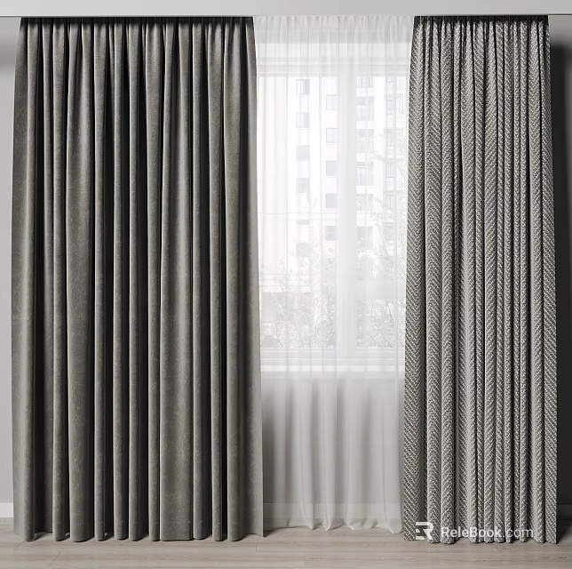 Elegant Textured Curtains With Sheer Panels For Modern Window Interior And Natural Light 3d model 