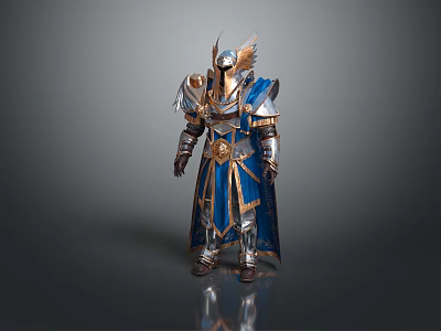 Mythical Knight in Blue and Gold Armor With Winged Helmet and Ornate Details 3d model