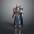 Mythical Knight in Blue and Gold Armor With Winged Helmet and Ornate Details