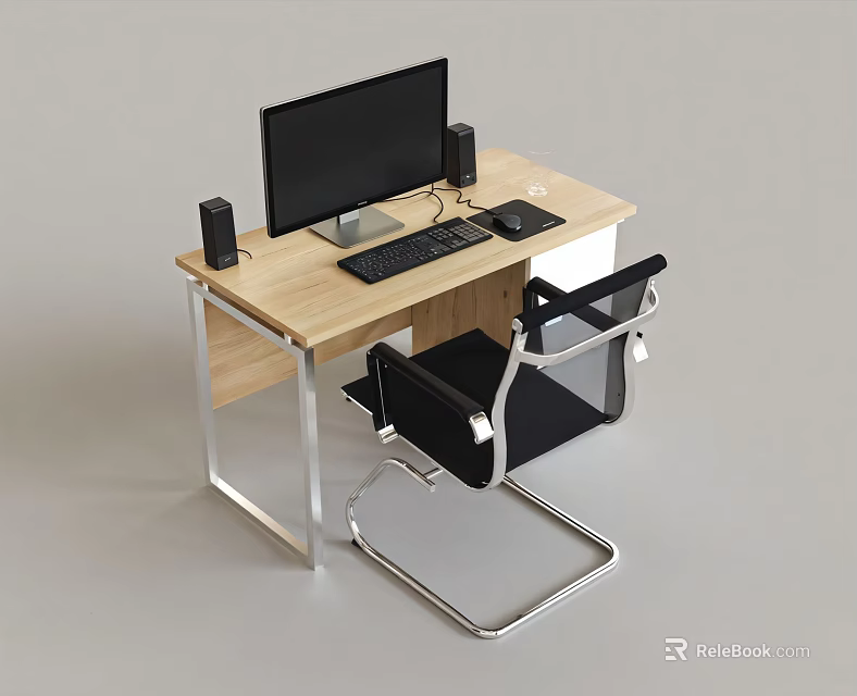 Modern Office Desk Setup With Monitor Keyboard Mouse Speakers And Chair 3d model 