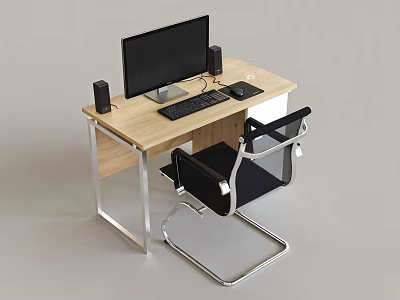 Modern Office Desk Setup With Monitor Keyboard Mouse Speakers And Chair 3d model