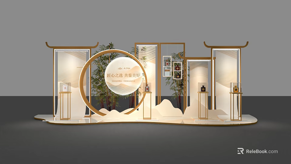 Chinese Ancient Style Photo Check-in Spot With Circular Arch Display Shelves And Landscape Painting Exhibits 3d model 